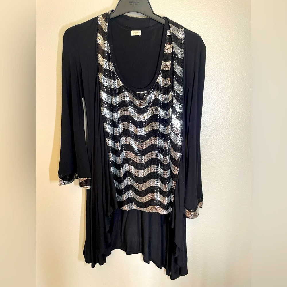 Two Piece Set Black and Silver Sequin Tank and Sweater